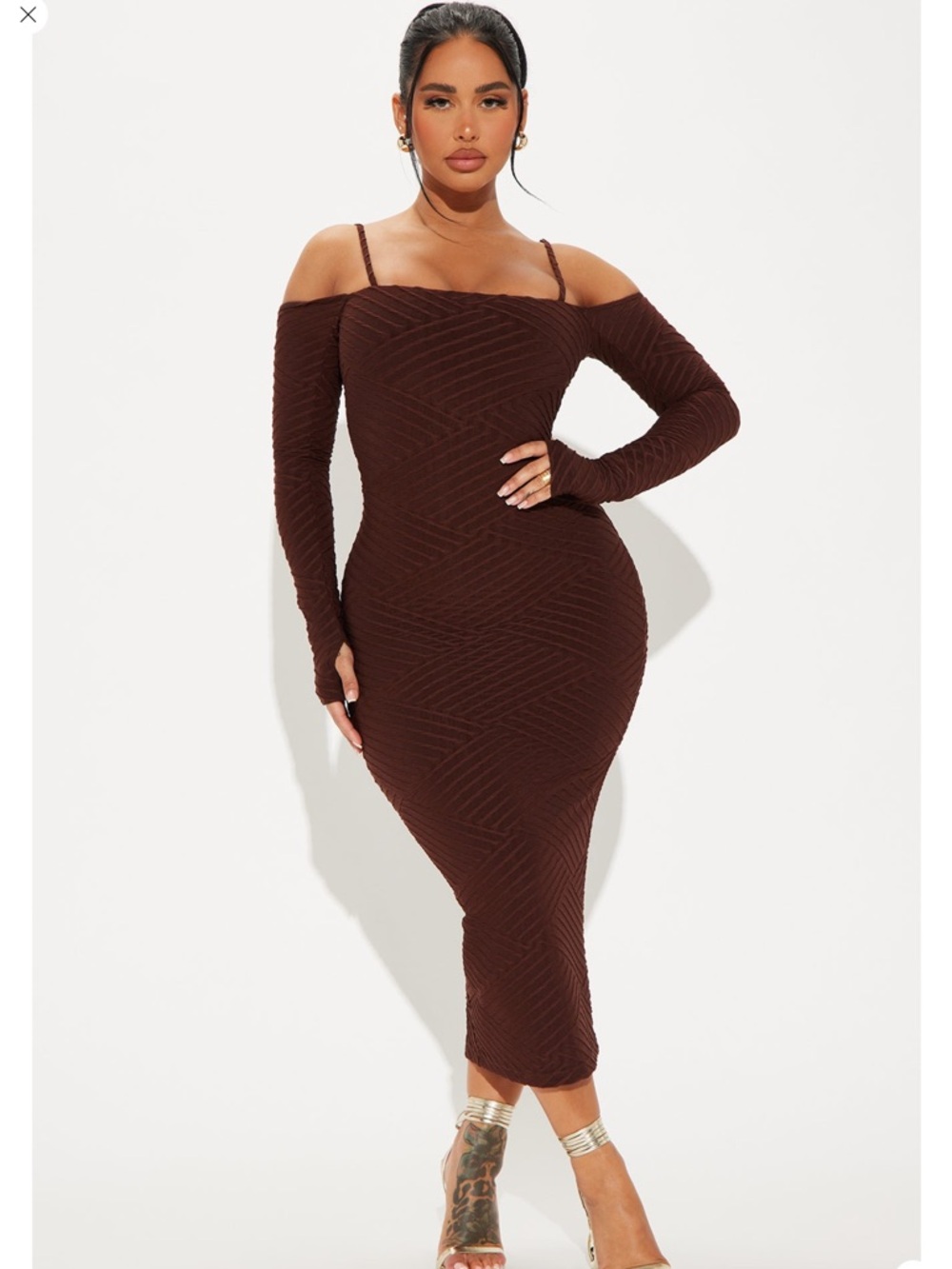 Off-Shoulder Bodycon Midi Dress in Chocolate Brown